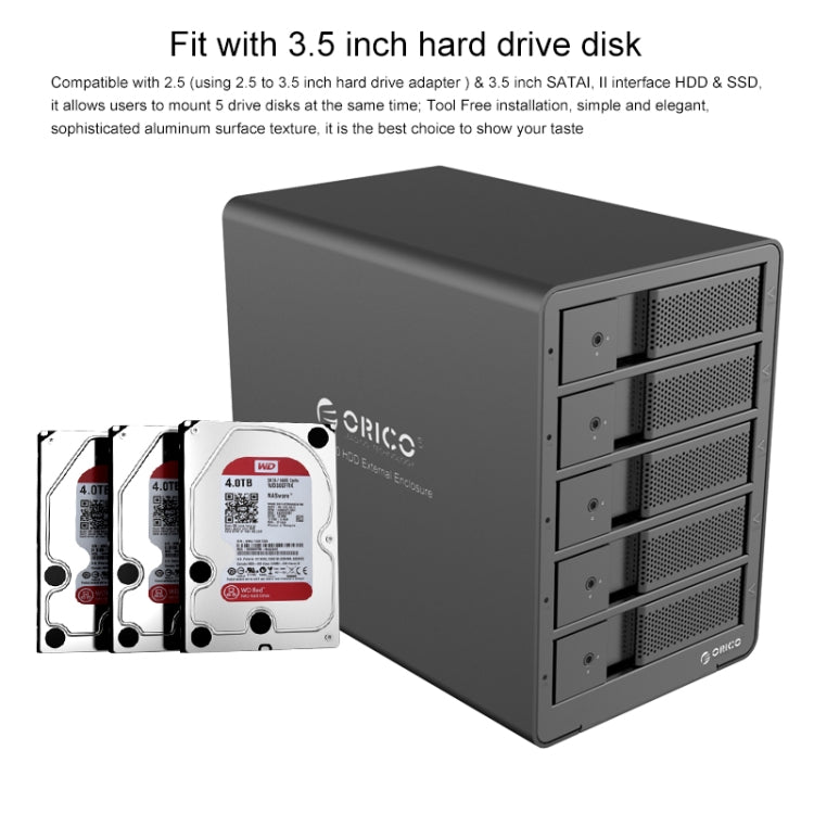 ORICO 9558RU3 五盤位移動硬盤盒/USB 3.0 Type-B 鋁合金3.5英寸SATA HDD硬盤盒, 支持RAID 0 / 5模式