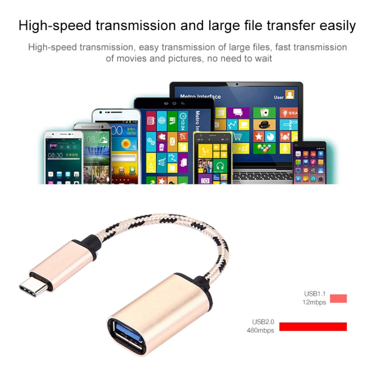 USB Type-C 公頭 轉 USB 2.0 母頭 金屬頭編織數據線,長度：15厘米