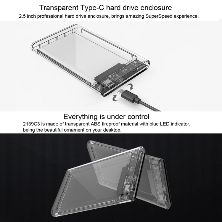 ORICO 2139C3-CR 透明移動硬盤盒子/USB3.1 Type C筆記本2.5英寸9.5毫米厚度SATA HDD / SSD串口硬盤盒