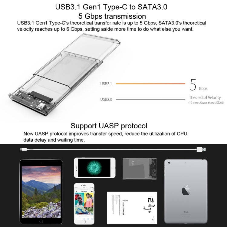 ORICO 2139C3-CR 透明移動硬盤盒子/USB3.1 Type C筆記本2.5英寸9.5毫米厚度SATA HDD / SSD串口硬盤盒