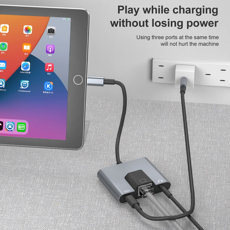 NK-1056 3合一 8 Pin公頭轉8 Pin充電+RJ45以太網+3.5mm耳機母頭 適配器