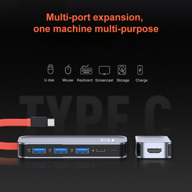 ROCK TR21 Type-C轉HDMI+USB3.0x3+PD 4K 60Hz五合一擴展塢