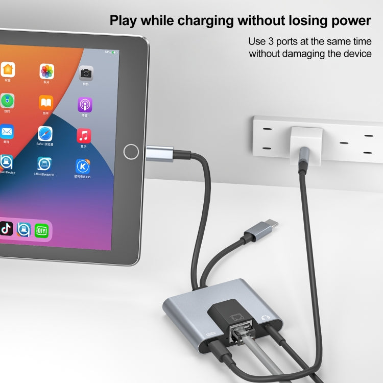 NK-1056Pro 3合一 8 Pin+Type-C公頭轉8 Pin充電+以太網口+3.5mm耳機母頭 適配器