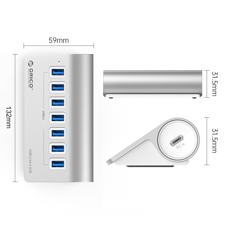 ORICO ORICO-M3U7-G2-05-SV 7口USB 3.2 Gen2  10Gbps集線器 鋁合金外殼帶0.5m線