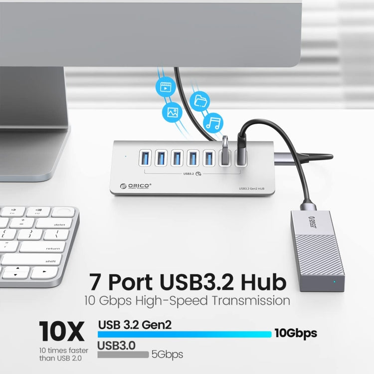 ORICO ORICO-M3U7-G2-10-SV 7口USB 3.2 Gen2  10Gbps集線器 鋁合金外殼帶1m線