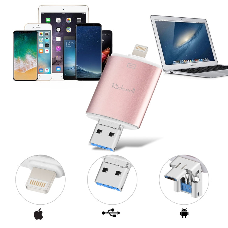 Richwell 3合一 128G Type-C + 8 Pin + USB 3.0 金屬雙蓋可推拉式U盤帶OTG功能
