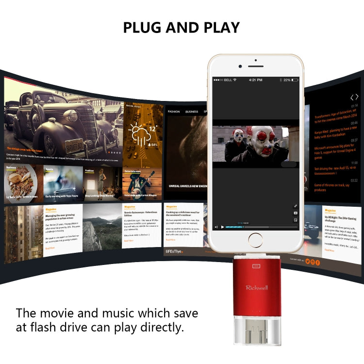 Richwell 3合一 16G Type-C + 8 Pin + USB 3.0 金屬雙蓋可推拉式U盤帶OTG功能