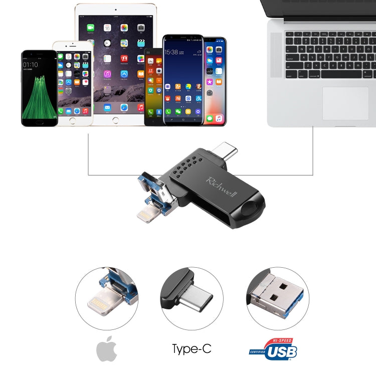Richwell 64G Type-C + 8 Pin + USB 3.0 金屬U盤帶OTG功能