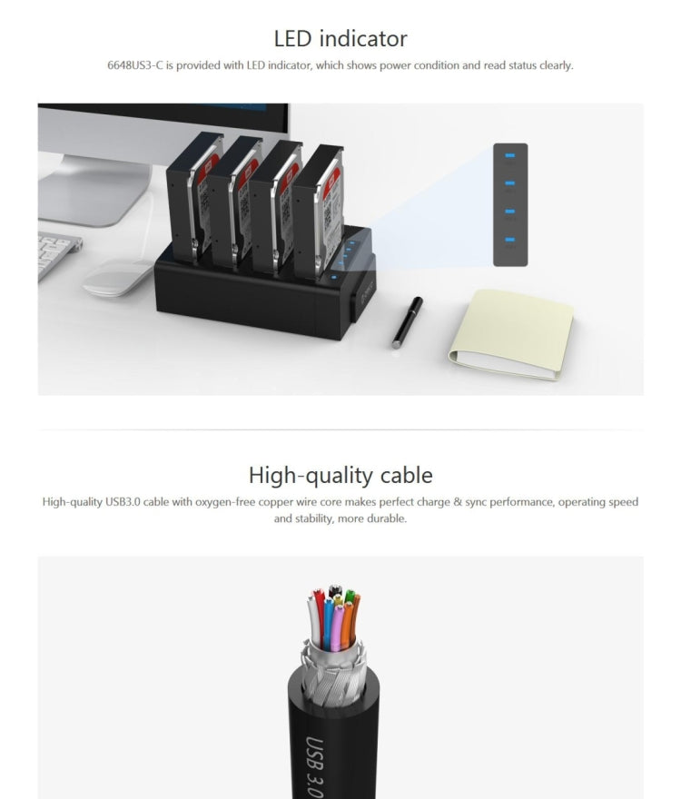 ORICO 6648US3-C-V1 四盤位移動硬盤盒 / USB 3.0 Type-B轉SATA移動硬盤盒/硬盤脫機拷貝器，適用於2.5英寸/ 3.5英寸SATA HDD / SSD硬盤