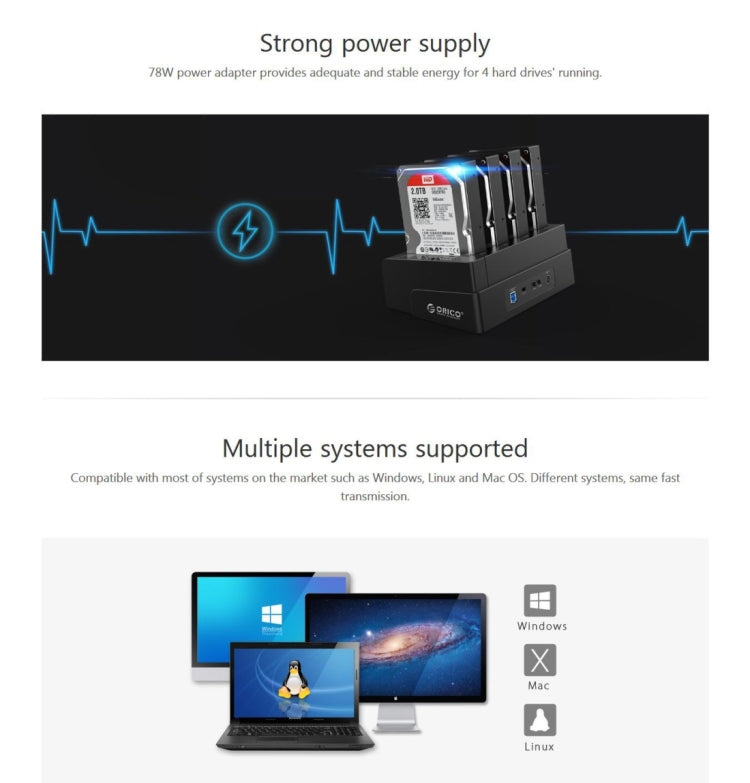 ORICO 6648US3-C-V1 四盤位移動硬盤盒 / USB 3.0 Type-B轉SATA移動硬盤盒/硬盤脫機拷貝器，適用於2.5英寸/ 3.5英寸SATA HDD / SSD硬盤