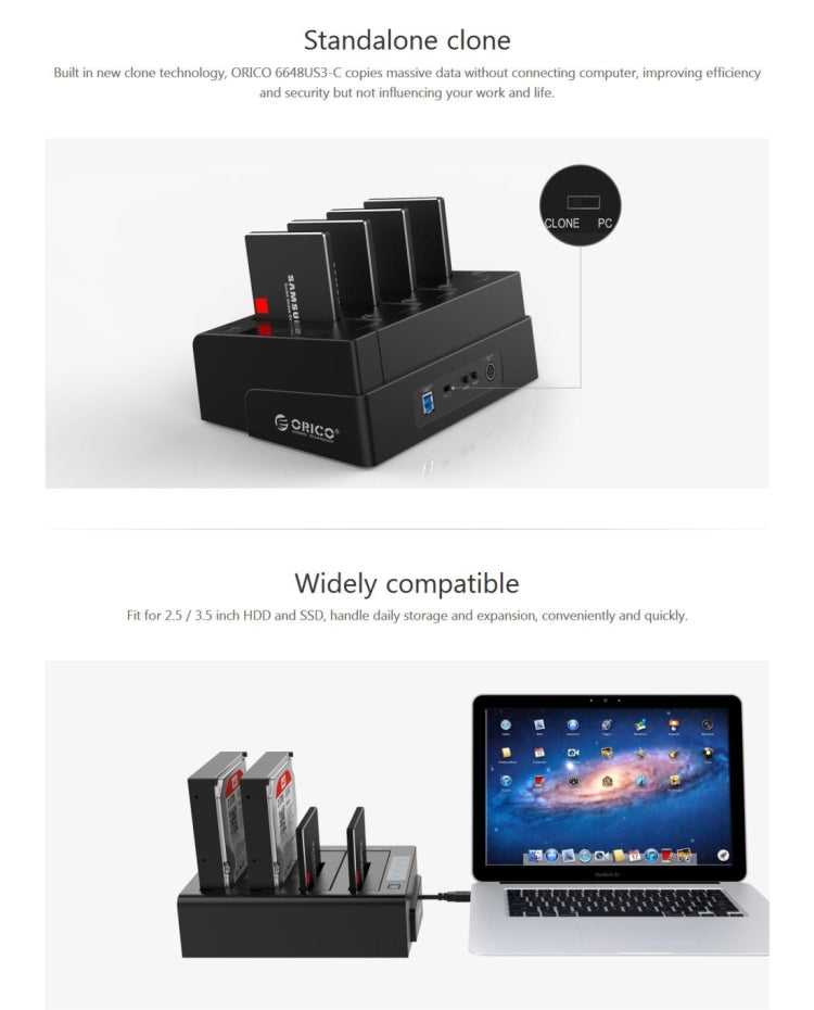 ORICO 6648US3-C-V1 四盤位移動硬盤盒 / USB 3.0 Type-B轉SATA移動硬盤盒/硬盤脫機拷貝器，適用於2.5英寸/ 3.5英寸SATA HDD / SSD硬盤