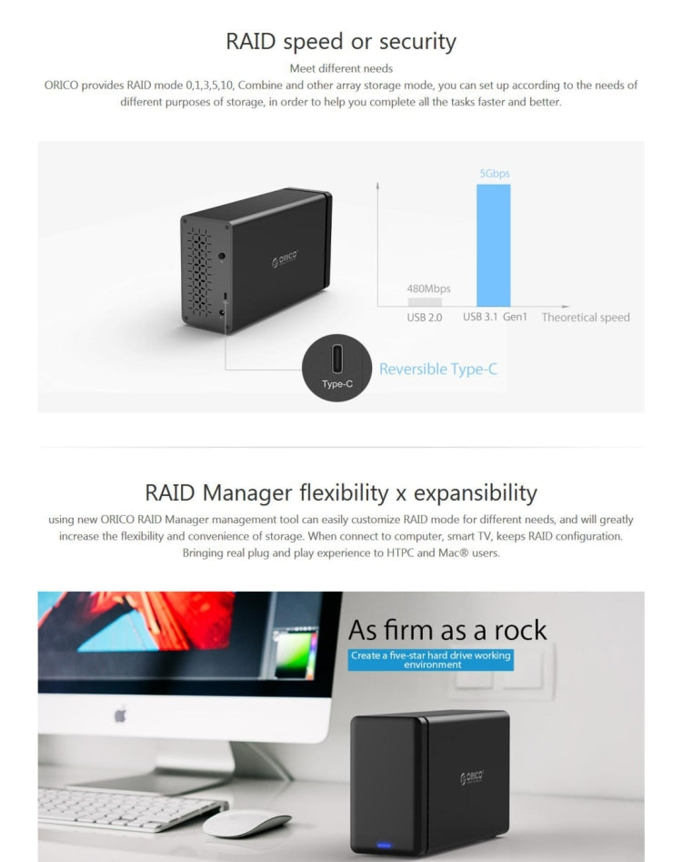 ORICO NS200-C3 二盤位移動硬盤盒 / USB 3.1 Type-C轉SATA移動硬盤盒，適用於3.5英寸SATA HDD 硬盤，支持UASP協議