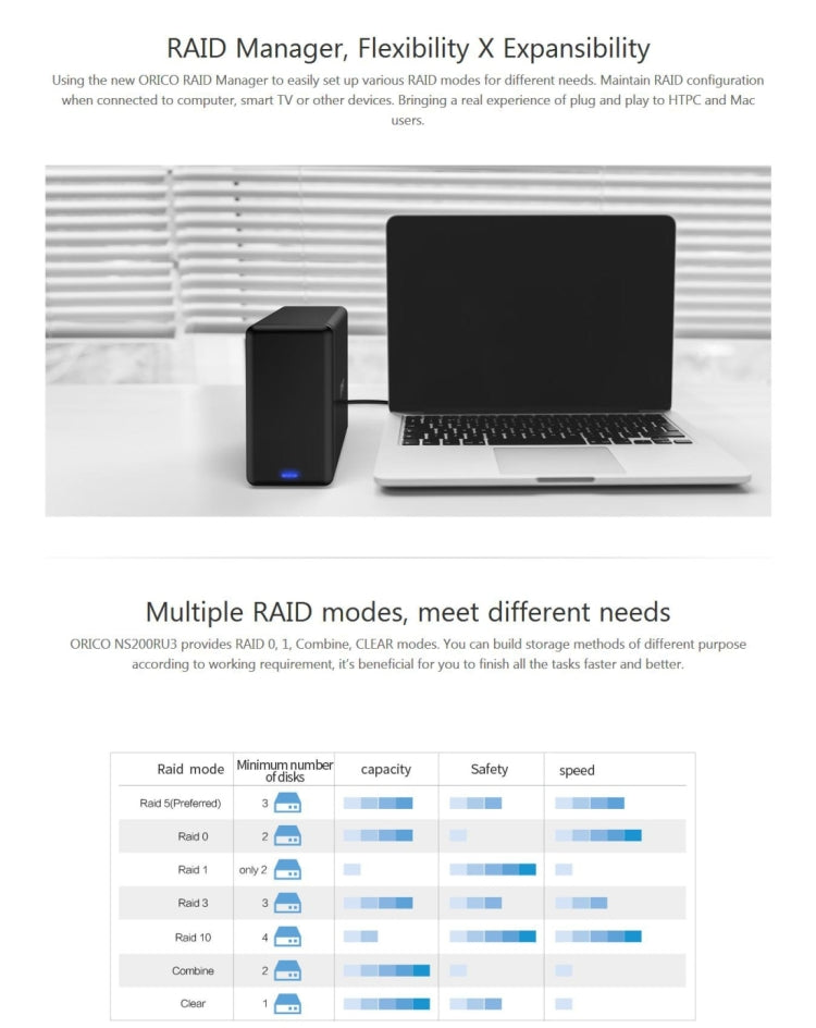ORICO NS200-RU3  二盤位移動硬盤盒 / USB 3.0 Type-B轉SATA移動硬盤盒，帶Raid磁盤陣列模式，適用於3.5英寸SATA HDD 硬盤，支持UASP協議