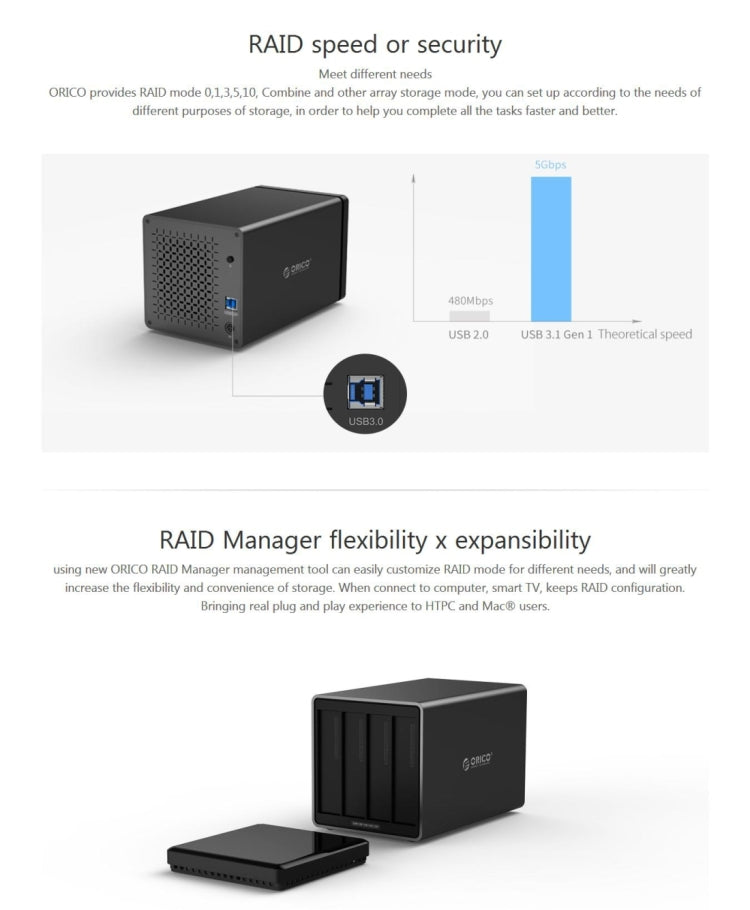 ORICO NS400-U3 四盤位移動硬盤盒 / USB 3.0 Type-B轉SATA移動硬盤盒，適用於3.5英寸SATA HDD 硬盤，支持UASP協議