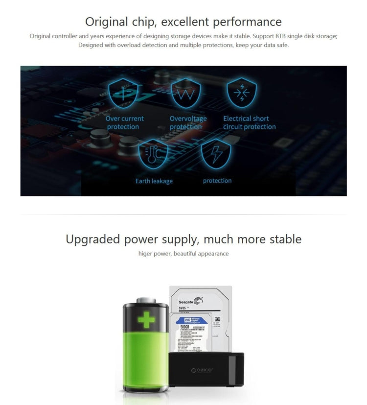 ORICO 6228US3-C  1對1克隆 2個盤位移動硬盤盒底座 / USB 3.0 Type-B轉SATA移動硬盤盒底座，適用於2.5/3.5英寸SATA HDD  /SSD硬盤