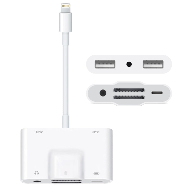 NK-1042 6 in 1 8 Pin Male to Dual USB + Dual SD Card + 3.5mm Audio Interface + 8 Pin Charging Interface Female Port Camera Adapter