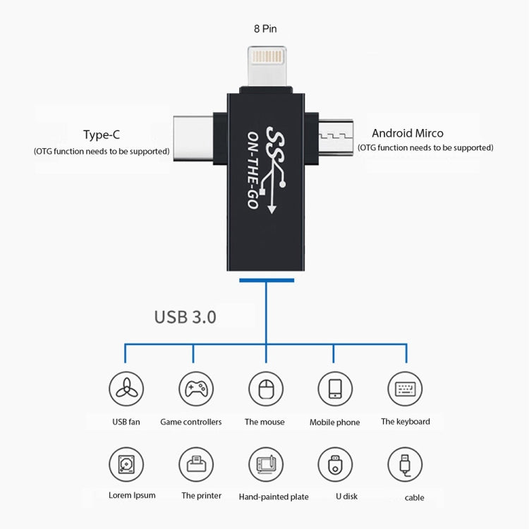 3合一 USB 3.0轉8 Pin+Micro USB+Type-C接口 多功能OTG適配器