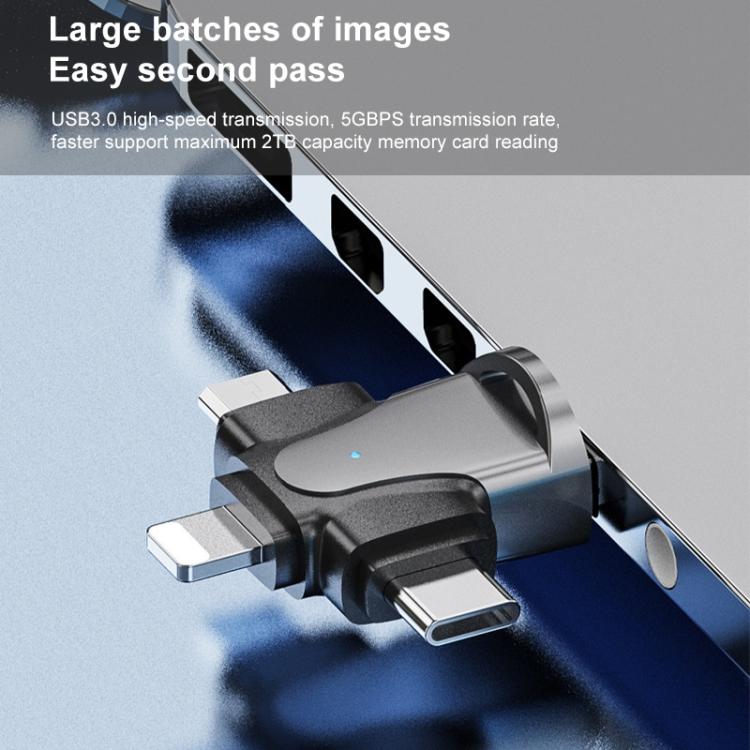 4合一 8 Pin+Type-C+Micro USB+USB 3.0公頭 TF卡讀卡器