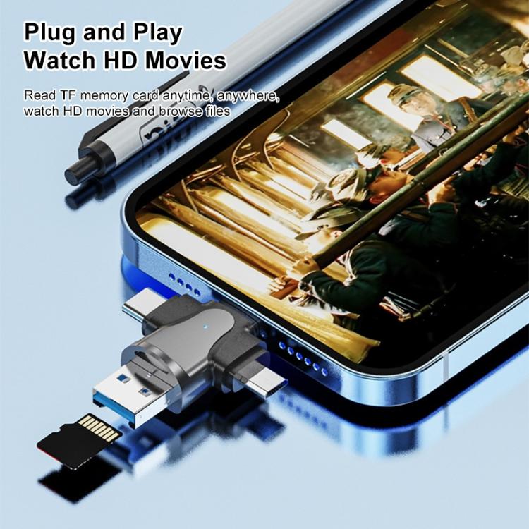 4合一 8 Pin+Type-C+Micro USB+USB 3.0公頭 TF卡讀卡器
