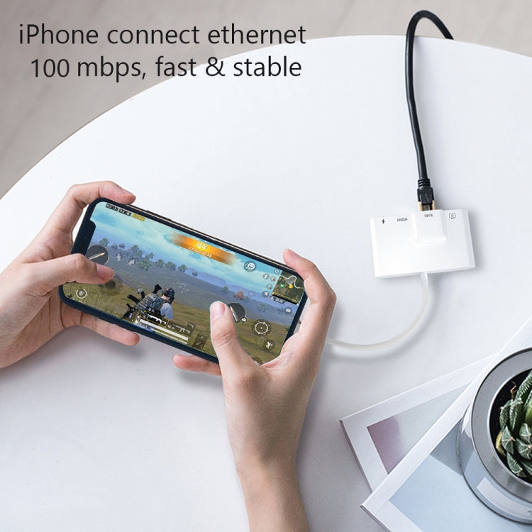 4合一 8 Pin公頭轉8 Pin電源+RJ45以太網+HDMI+USB相機母頭 OTG数字AV適配器