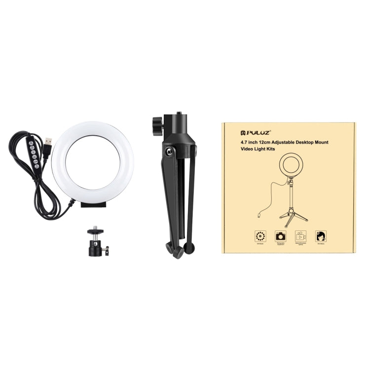 PULUZ 4.7 英寸12cm可調光8色 RGBW LED環形攝影燈補光燈PU431B+ 桌面三腳支架套裝PU408