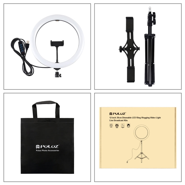 PULUZ  11.8英寸30cm可調光 雙色溫LED環形補光燈PU457B+PU419腳架+PU394雙機位橫杆 直播套裝 手機夾