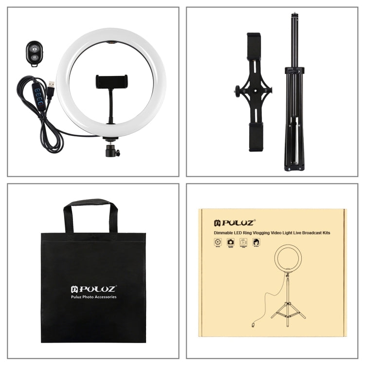 PULUZ  10.2英寸26cm雙色溫 LED環形自拍美顏補光燈PU456B+PU394雙機位橫杆+ PU450B三腳架 直播套裝 帶手機夾 & 藍牙自拍遙控