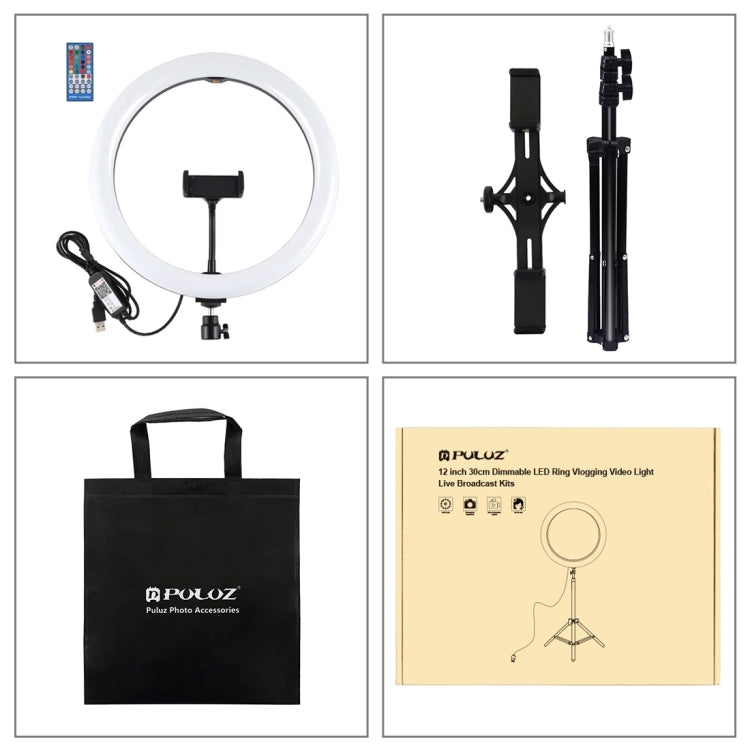 PULUZ  11.8英寸 30cmRGB可調光 雙色溫LED環形自拍美顏補光燈PU458B+ PU419三腳架+PU394雙機位橫杆 直播套裝 帶遙控&手機夾