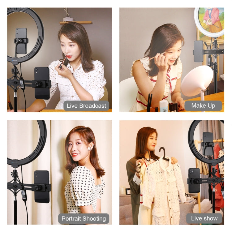 PULUZ  11.8英寸 30cmRGB可調光 雙色溫LED環形自拍美顏補光燈PU458B+ PU419三腳架+PU394雙機位橫杆 直播套裝 帶遙控&手機夾