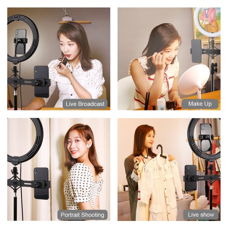 PULUZ  10.2英寸26cm雙色溫LED環形補光燈PU456B+ PU419三腳架+PU394雙機位橫杆 , 帶手機夾 & 藍牙自拍遙控
