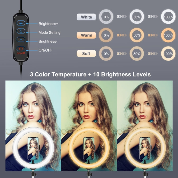 PULUZ  桌面三腳架+PU397F 10.2英寸26cm可調光 自拍美顏LED環形攝影補光燈, 帶手機夾