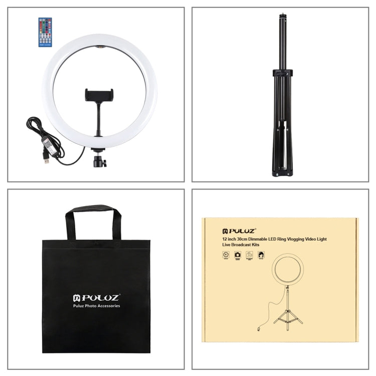 PULUZ 11.8英寸30cm RGB可調光 雙色溫LED環形自拍美顏補光燈PU458B+ PU450B高1.65m三腳架 直播套裝 帶遙控&手機夾
