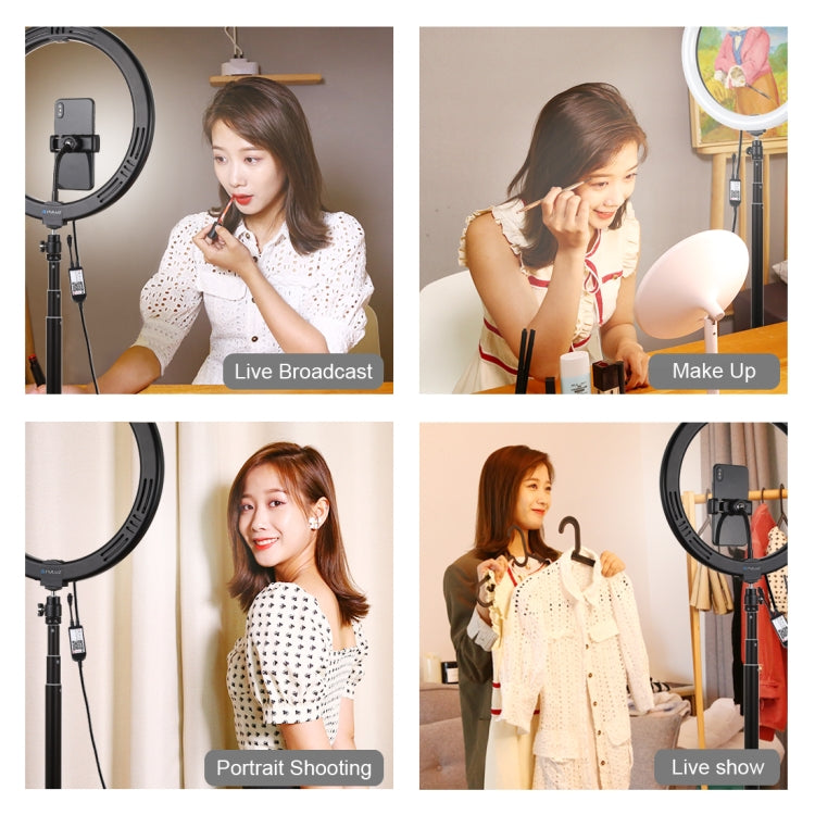 PULUZ 11.8英寸30cm RGB可調光 雙色溫LED環形自拍美顏補光燈PU458B+ PU450B高1.65m三腳架 直播套裝 帶遙控&手機夾