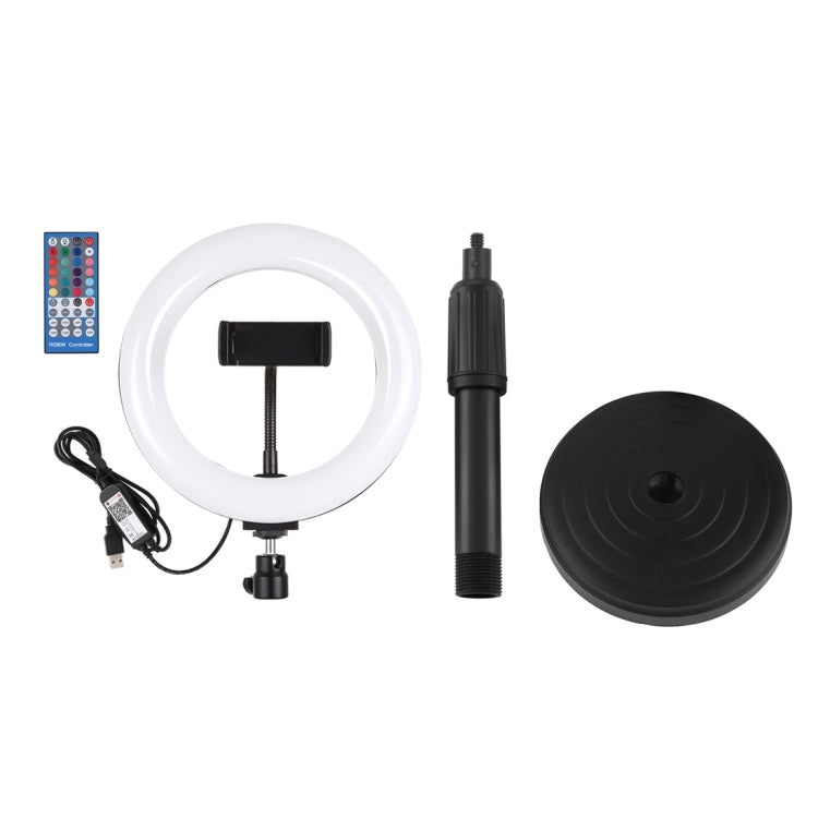 PULUZ  7.9英寸20cm RGBW環形補光燈PU503B+桌面支架PU390 可調光 RGBW LED弧面環形攝影燈自拍補光燈, 帶手機夾