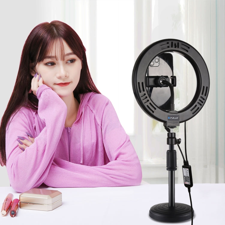 PULUZ  7.9英寸20cm RGBW環形補光燈PU503B+桌面支架PU390 可調光 RGBW LED弧面環形攝影燈自拍補光燈, 帶手機夾