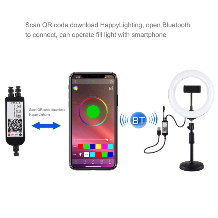 PULUZ  7.9英寸20cm RGBW環形補光燈PU503B+桌面支架PU390 可調光 RGBW LED弧面環形攝影燈自拍補光燈, 帶手機夾