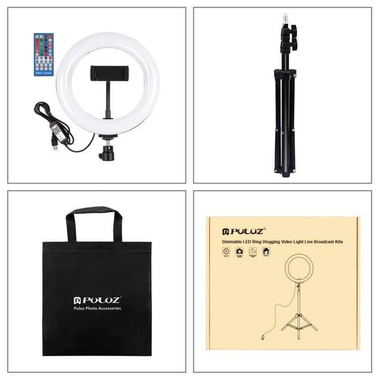 PULUZ  7.9英寸20cm RGBW補光燈PU503B +1.1m三腳架PU419 調光 RGBW LED弧面環形攝影燈自拍補光燈套裝, 帶手機夾
