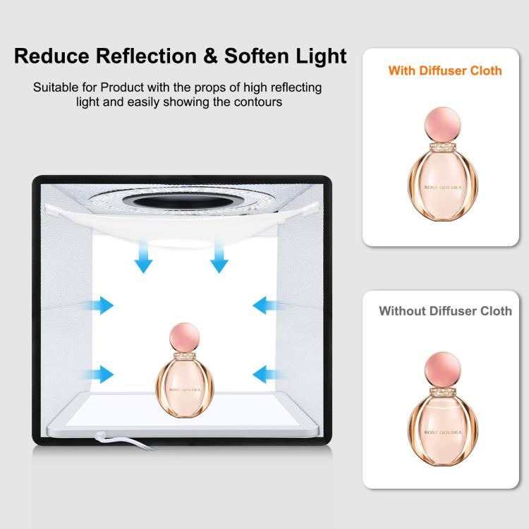 PULUZ  25cm 高顯指環形燈LED摺疊攝影棚PU5025B+PU5136 無影燈亞克力底燈 帶12色背景布 尺寸: 25cm x 25cm x 25cm