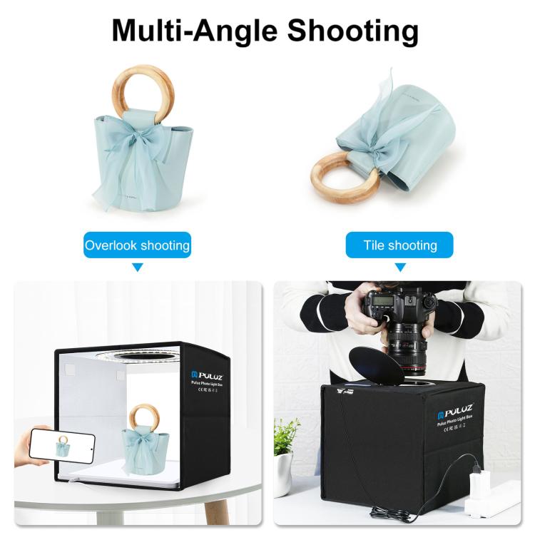 PULUZ  25cm 高顯指環形燈LED摺疊攝影棚PU5025B+PU5136 無影燈亞克力底燈 帶12色背景布 尺寸: 25cm x 25cm x 25cm