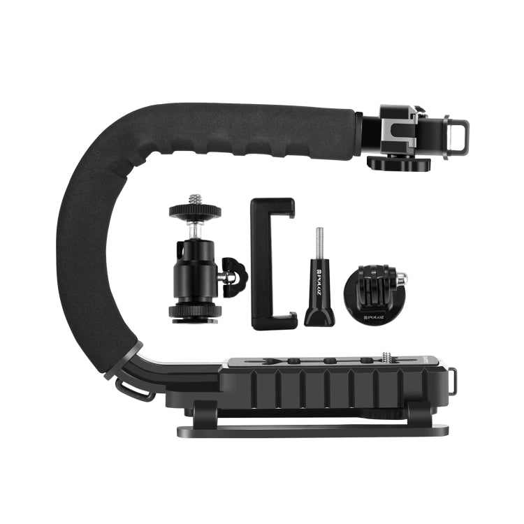 PULUZ U/C Shape 3-Head Cold Shoes Portable Handheld DV Bracket Stabilizer Kit with Cold Shoe Tripod Head & Phone Clamp & Quick Release Buckle & Long Screw for All SLR Cameras and Home DV Camera