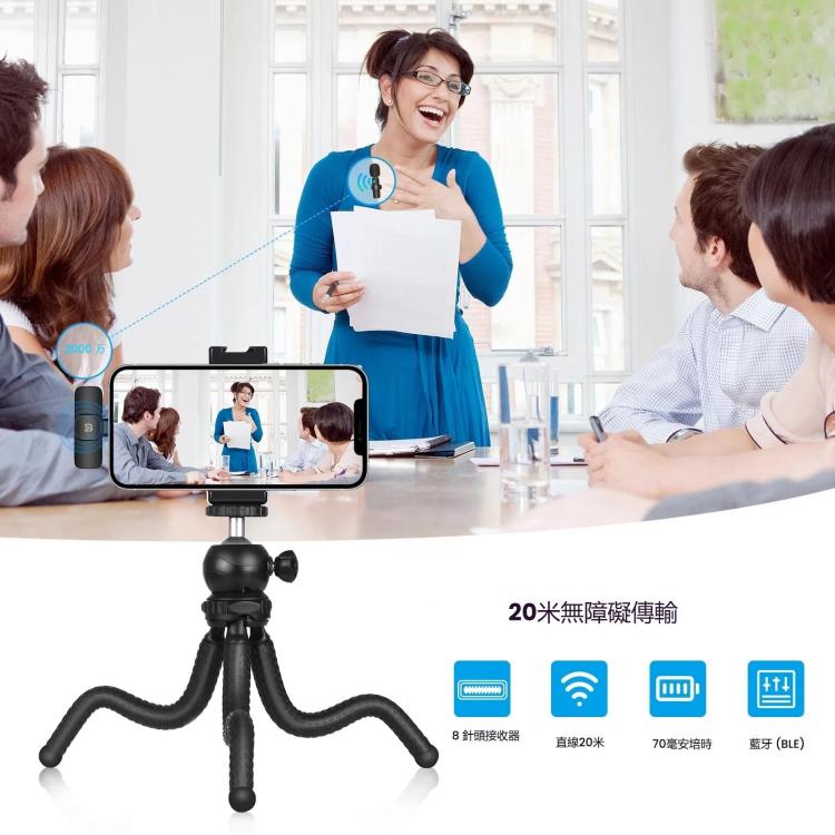 PULUZ 領夾式降噪混響無線麥克風 8 Pin接收器  一拖二無線麥克風