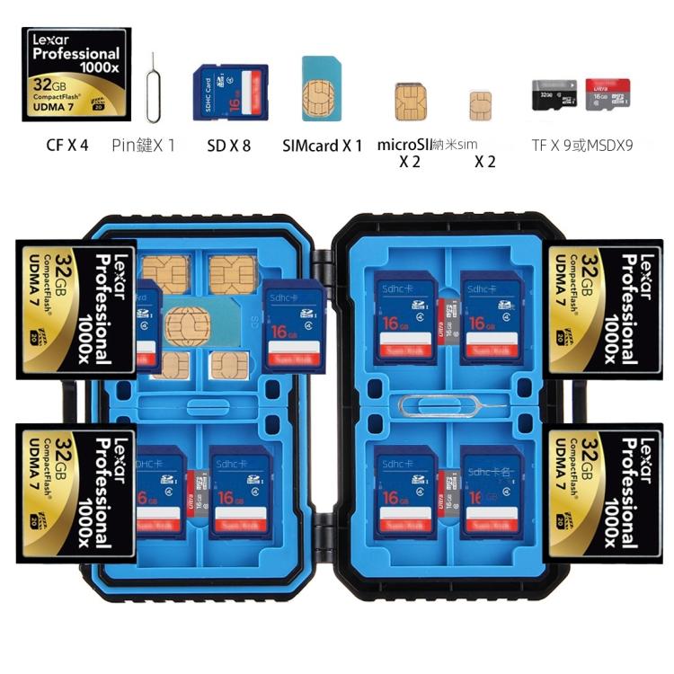 PULUZ 記憶卡盒，可容納27種卡：4CF + 8SD + 9TF + 1Card PIN + 1Standard SIM + 2Micro-SIM + 2Nano-SIM