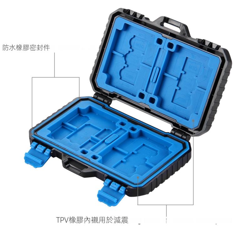 PULUZ 記憶卡盒，可容納27種卡：4CF + 8SD + 9TF + 1Card PIN + 1Standard SIM + 2Micro-SIM + 2Nano-SIM