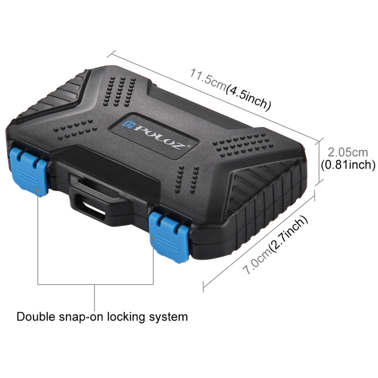 PULUZ 記憶卡盒，可容納27種卡：4CF + 8SD + 9TF + 1Card PIN + 1Standard SIM + 2Micro-SIM + 2Nano-SIM