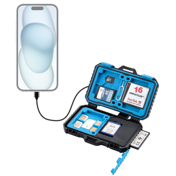 PULUZ 記憶卡盒帶讀卡器功能，可容納22種卡：1Standard SIM + 2Micro-SIM + 2Nano-SIM + 3CF + 7SD + 6TF + 1CARD PIN