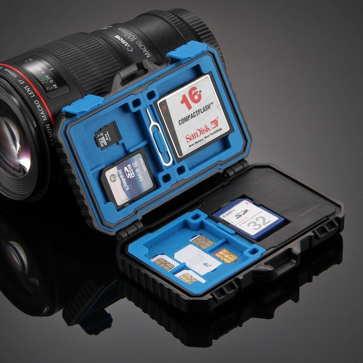 PULUZ 記憶卡盒帶讀卡器功能，可容納22種卡：1Standard SIM + 2Micro-SIM + 2Nano-SIM + 3CF + 7SD + 6TF + 1CARD PIN