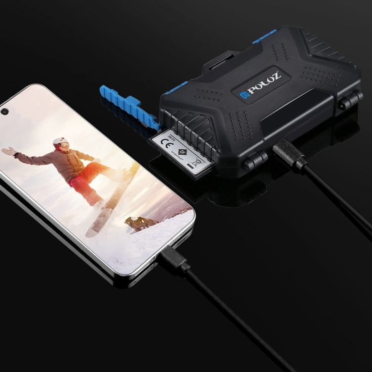 PULUZ 記憶卡盒帶讀卡器功能，可容納22種卡：1Standard SIM + 2Micro-SIM + 2Nano-SIM + 3CF + 7SD + 6TF + 1CARD PIN