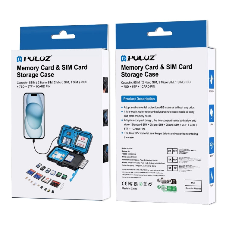 PULUZ 記憶卡盒帶讀卡器功能，可容納22種卡：1Standard SIM + 2Micro-SIM + 2Nano-SIM + 3CF + 7SD + 6TF + 1CARD PIN