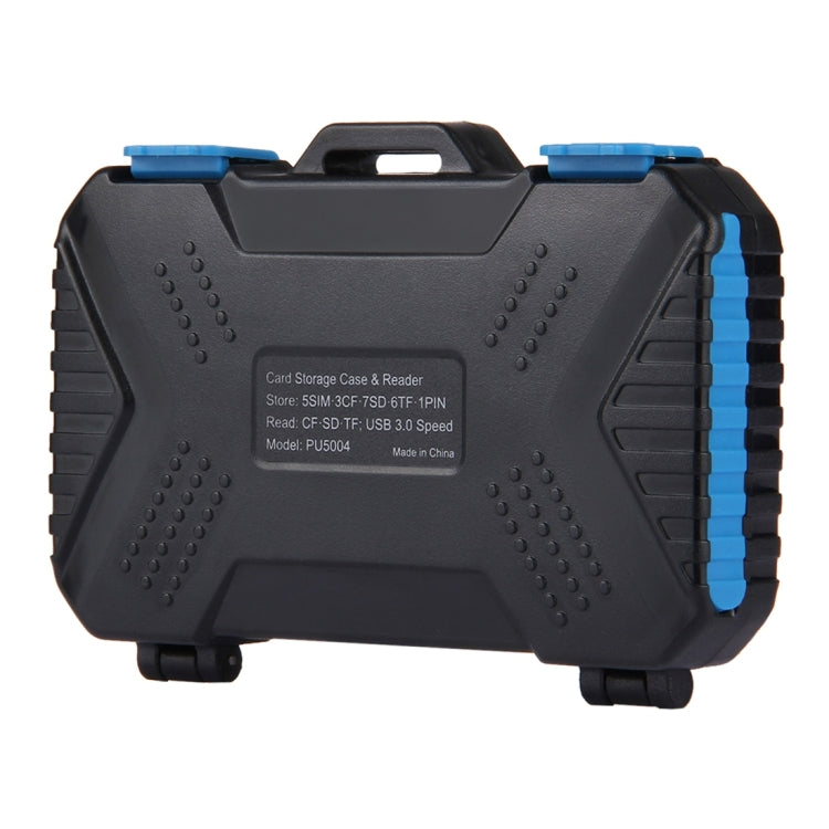 PULUZ 記憶卡盒帶讀卡器功能，可容納22種卡：1Standard SIM + 2Micro-SIM + 2Nano-SIM + 3CF + 7SD + 6TF + 1CARD PIN