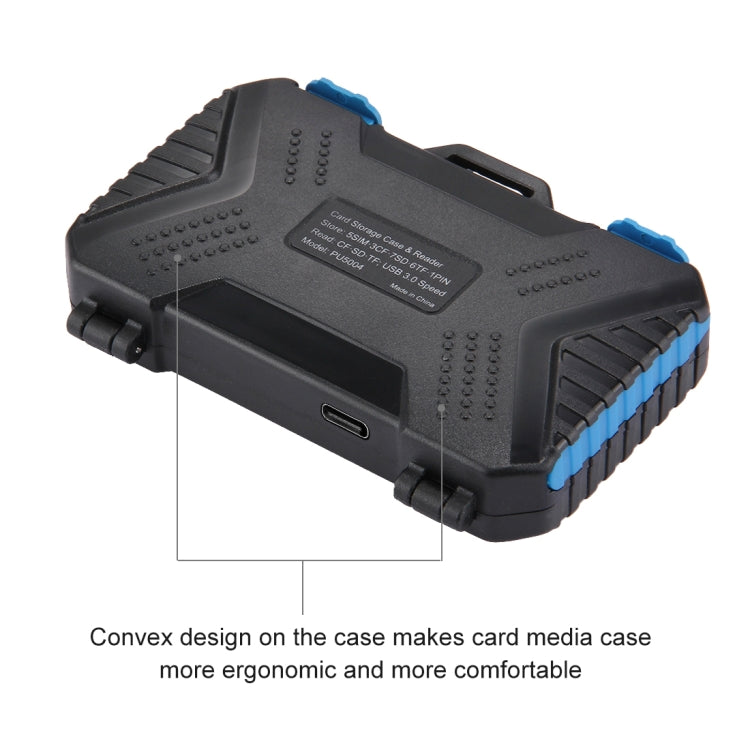 PULUZ 記憶卡盒帶讀卡器功能，可容納22種卡：1Standard SIM + 2Micro-SIM + 2Nano-SIM + 3CF + 7SD + 6TF + 1CARD PIN